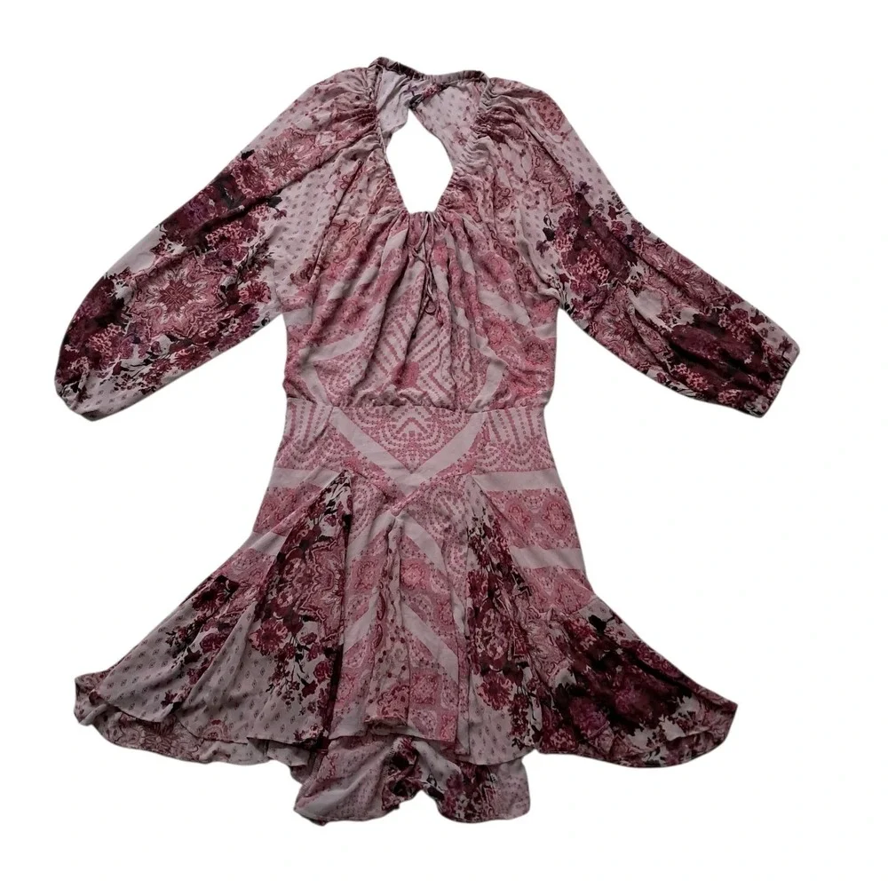 Free People Seven Wonders Mini Dress Women's Large Pink Open Back Long Sleeve